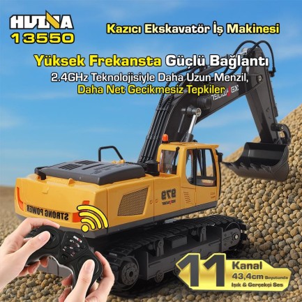 HUINA Kaliwo 13550 1/18 11CH Kazıcı Ekskavatör İş Makinesi İnşaat Uzaktan Kumandalı RC Model Metal Kepçeli Sarı - 2.4Ghz Gerçekçi Similasyon Ses ve Işık Sistemi - Thumbnail