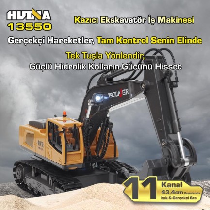 HUINA Kaliwo 13550 1/18 11CH Kazıcı Ekskavatör İş Makinesi İnşaat Uzaktan Kumandalı RC Model Metal Kepçeli Sarı - 2.4Ghz Gerçekçi Similasyon Ses ve Işık Sistemi - Thumbnail