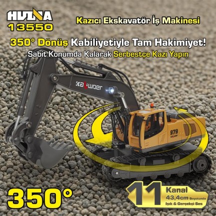 HUINA Kaliwo 13550 1/18 11CH Kazıcı Ekskavatör İş Makinesi İnşaat Uzaktan Kumandalı RC Model Metal Kepçeli Sarı - 2.4Ghz Gerçekçi Similasyon Ses ve Işık Sistemi - Thumbnail