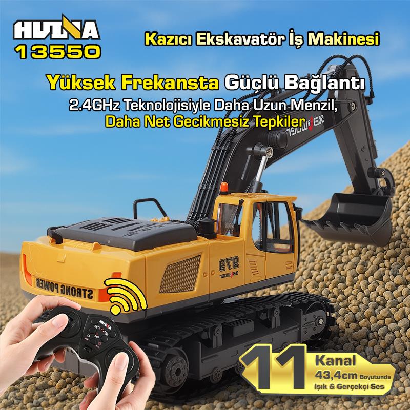 HUINA Kaliwo 13550 1/18 11CH Kazıcı Ekskavatör İş Makinesi İnşaat Uzaktan Kumandalı RC Model Metal Kepçeli Sarı - 2.4Ghz Gerçekçi Similasyon Ses ve Işık Sistemi