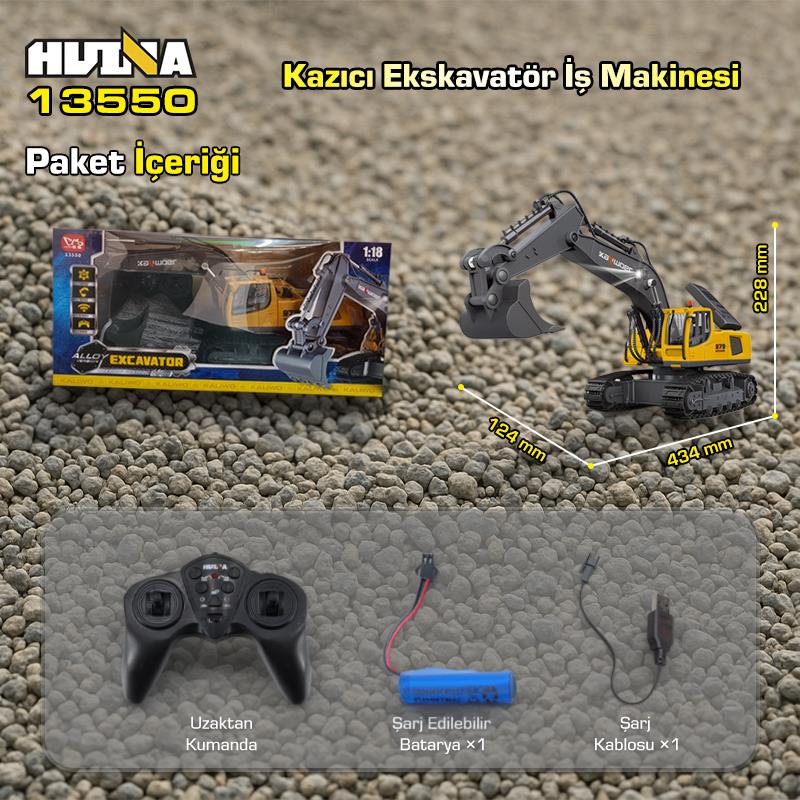 HUINA Kaliwo 13550 1/18 11CH Kazıcı Ekskavatör İş Makinesi İnşaat Uzaktan Kumandalı RC Model Metal Kepçeli Sarı - 2.4Ghz Gerçekçi Similasyon Ses ve Işık Sistemi