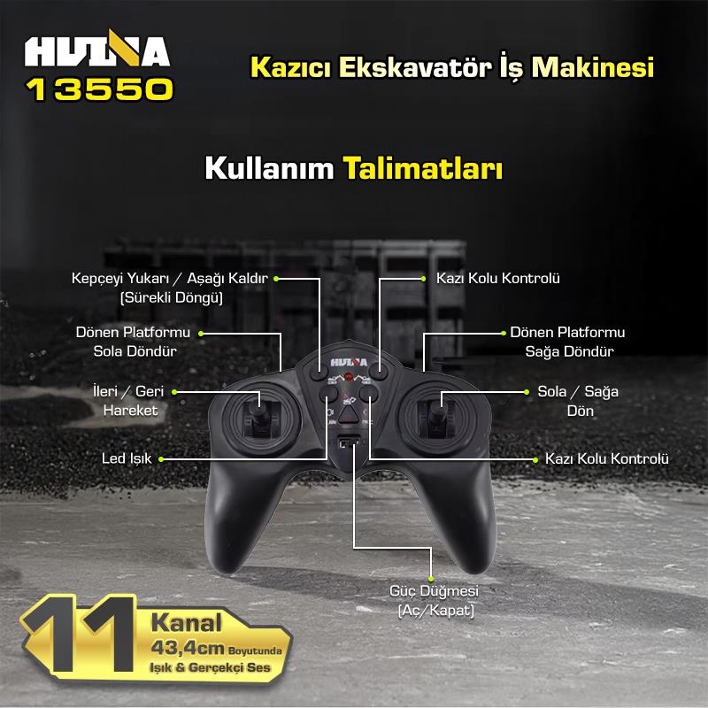 HUINA Kaliwo 13550 1/18 11CH Kazıcı Ekskavatör İş Makinesi İnşaat Uzaktan Kumandalı RC Model Metal Kepçeli Sarı - 2.4Ghz Gerçekçi Similasyon Ses ve Işık Sistemi