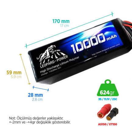 Leopard Power - Leopard Power 10000 mAh 11.1V 3S 25C UAV/Multirotor/Drone Şarjlı Li-Po Lityum Polimer Lipo Batarya Pil