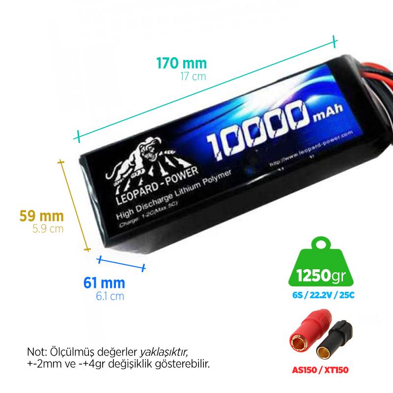 Leopard Power 10000 mAh 22.2V 6S 25C UAV/Multirotor/Drone Şarjlı Li-Po Lityum Polimer Lipo Batarya Pil XT150 Plug