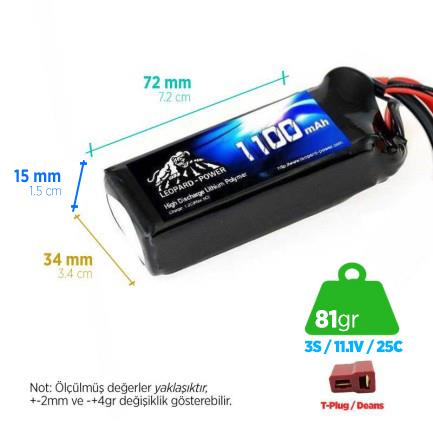 Leopard Power - Leopard Power 1100mAh 11.1V 3S 25C Şarjlı Li-Po Lityum Polimer Lipo Batarya Pil T Plug