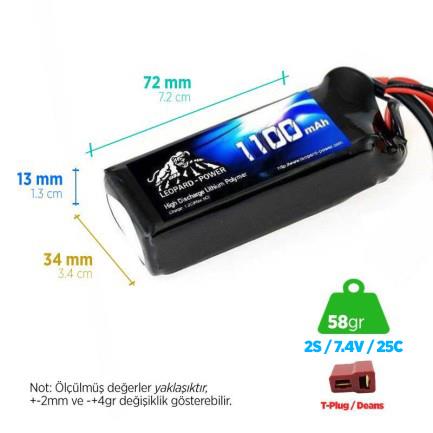 Leopard Power 1100mAh 7.4V 2S 25C Şarjlı Li-Po Lityum Polimer Lipo Batarya Pil T Plug