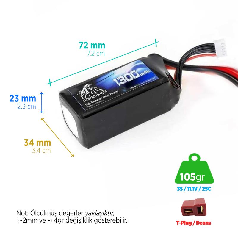 Leopard Power 1300 mAh 11.1V 3S 25C Şarjlı Li-Po Lityum Polimer Lipo Batarya Pil T Plug