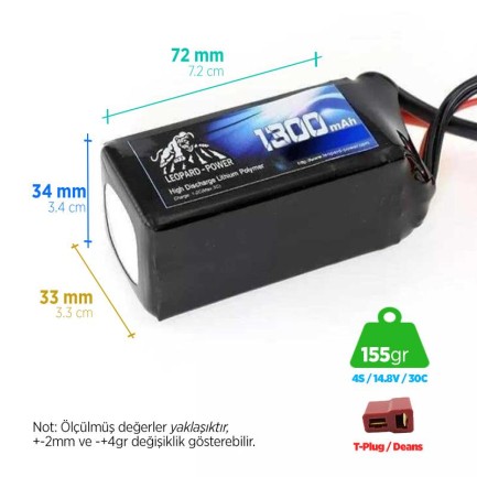 Leopard Power - Leopard Power 1300 mAh 14.8V 4S 30C Şarjlı Li-Po Lityum Polimer Lipo Batarya Pil T Plug