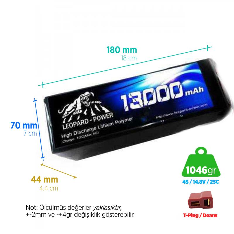 Leopard Power 13000 mAh 14.8V 4S 25C UAV/Multirotor/Drone Şarjlı Li-Po Lityum Polimer Lipo Batarya Pil