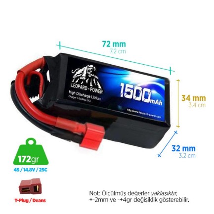 Leopard Power - Leopard Power 1500 mAh 14.8V 4S 25C Şarjlı Li-Po Lityum Polimer Lipo Batarya Pil T Plug