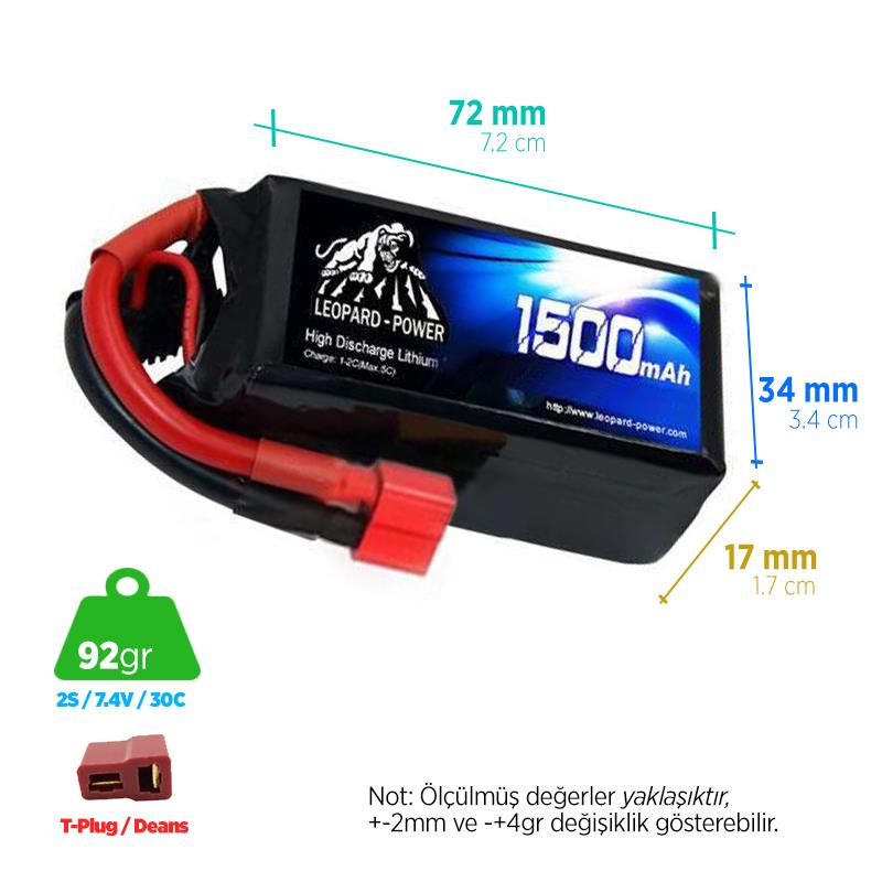 Leopard Power 1500 mAh 7.4V 2S 30C Şarjlı Li-Po Lityum Polimer Lipo Batarya Pil T Plug