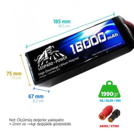 Leopard Power - Leopard Power 16000 mAh 22.2V 6S 25C UAV/Multirotor/Drone Şarjlı Li-Po Lityum Polimer Lipo Batarya Pil XT150 Plug