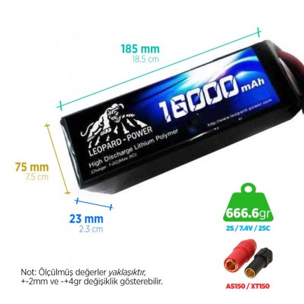 Leopard Power - Leopard Power 16000 mAh 7.4V 2S 25C UAV/Multirotor/Drone Şarjlı Li-Po Lityum Polimer Lipo Batarya Pil