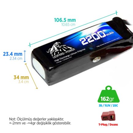 Leopard Power - Leopard Power 2200 mAh 11.1V 3S 25C Lityum Polimer Lipo Batarya Pil T Plug
