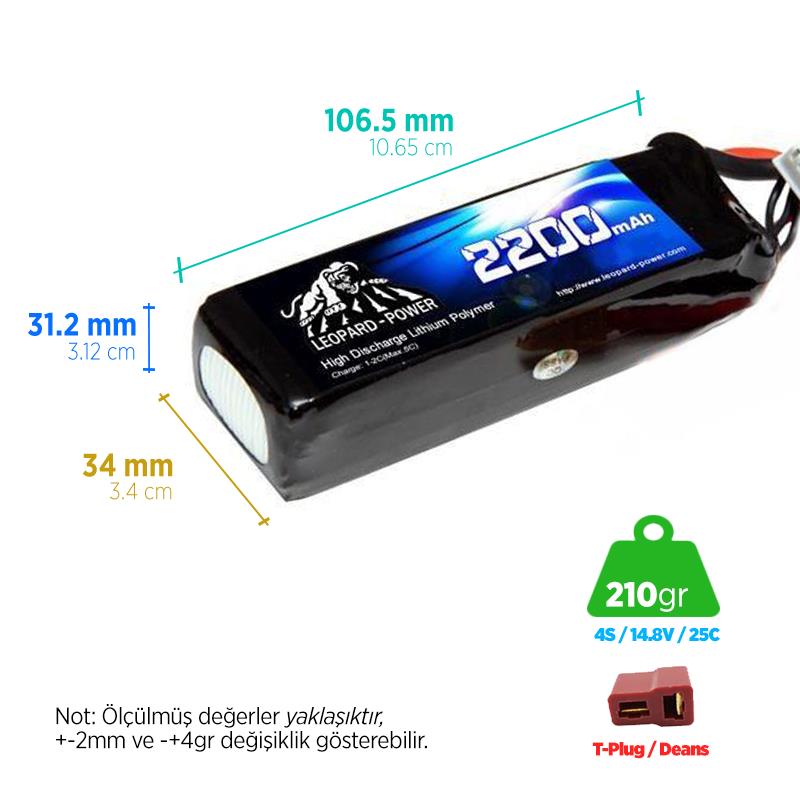 Leopard Power 2200 mAh 14.8V 4S 25C Lityum Polimer Lipo Batarya Pil T Plug