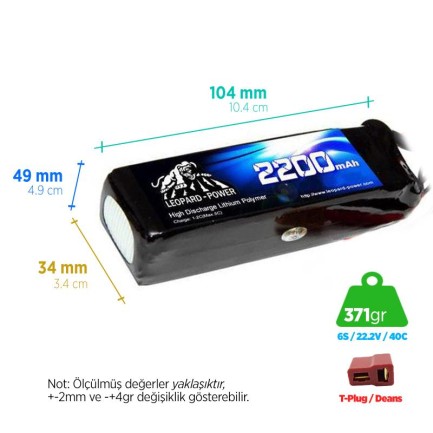 Leopard Power - Leopard Power 2200 mAh 22.2V 6S 40C Şarjlı Li-Po Lityum Polimer Lipo Batarya Pil T Plug
