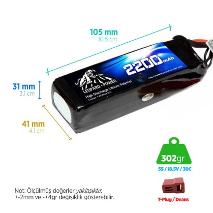 Leopard Power 2200 mAh 7.4V 2S 30C Lityum Polimer Lipo Batarya Pil T Plug - Thumbnail