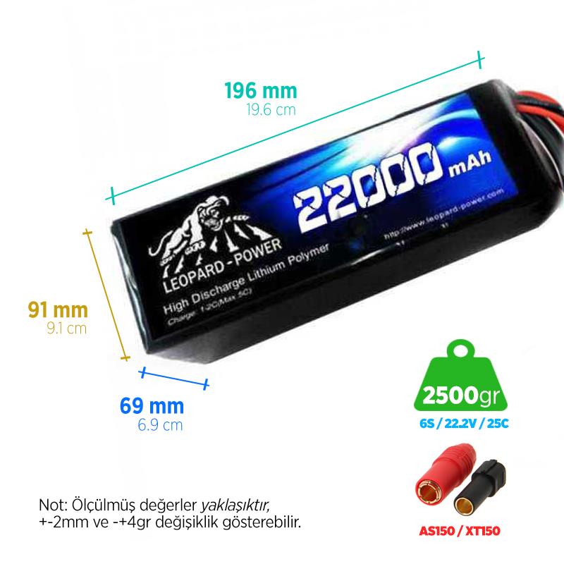 Leopard Power 22000 mAh 22.2V 6S 25C UAV/Multirotor/Drone Şarjlı Li-Po Lityum Polimer Lipo Batarya Pil XT150 Plug