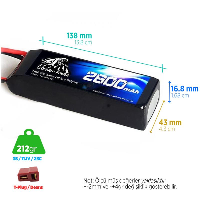 Leopard Power 2600 mAh 11.1V 3S 25C Şarjlı Li-Po Lityum Polimer Lipo Batarya Pil T Plug