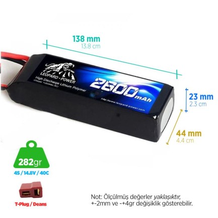 Leopard Power - Leopard Power 2600 mAh 14.8V 4S 40C Şarjlı Li-Po Lityum Polimer Lipo Batarya Pil T Plug