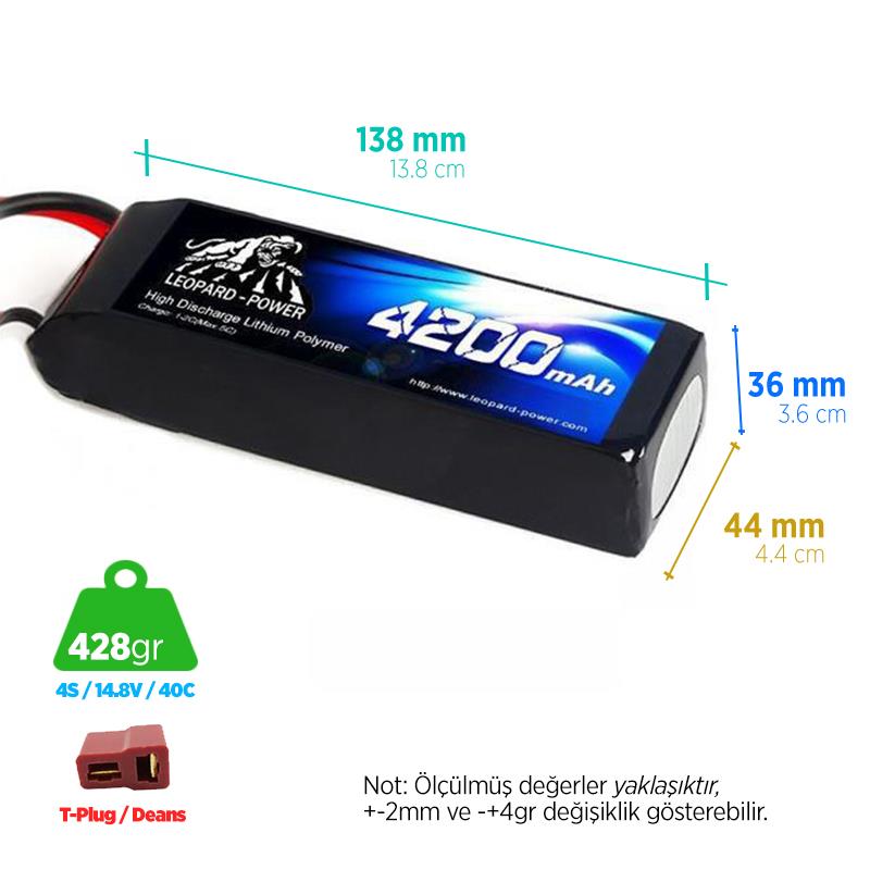 Leopard Power 4200 mAh 14.8V 4S 40C Şarjlı Li-Po Lityum Polimer Lipo Batarya Pil T Plug