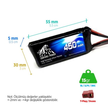 Leopard Power 450mAh 3.7V 1S 30C Lityum Polimer Lipo Batarya Pil T Plug - Thumbnail