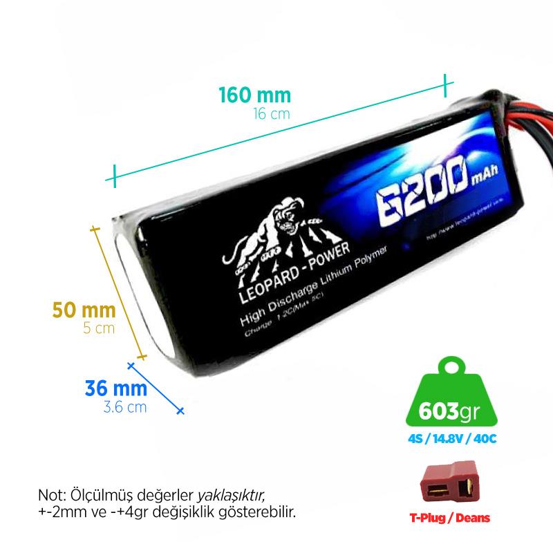 Leopard Power 6200 mAh 14.8V 4S 40C Şarjlı Li-Po Lityum Polimer Lipo Batarya Pil T Plug