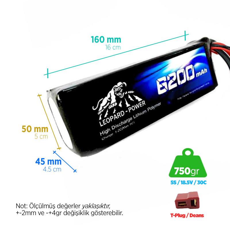 Leopard Power 6200 mAh 18.5V 5S 30C Lityum Polimer Lipo Batarya Pil T Plug