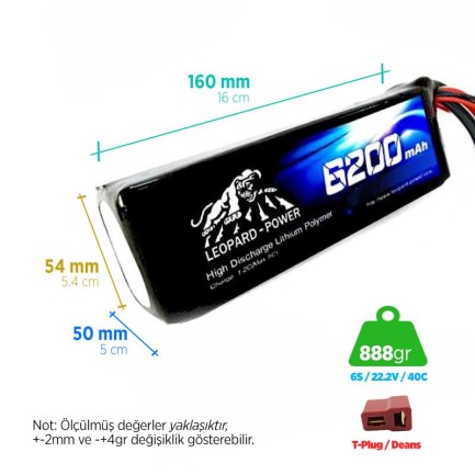 Leopard Power 6200 mAh 22.2V 6S 40C Lityum Polimer Lipo Batarya Pil T Plug - Thumbnail
