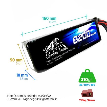 Leopard Power 6200 mAh 7.4V 2S 30C Lityum Polimer Lipo Batarya Pil T Plug - Thumbnail