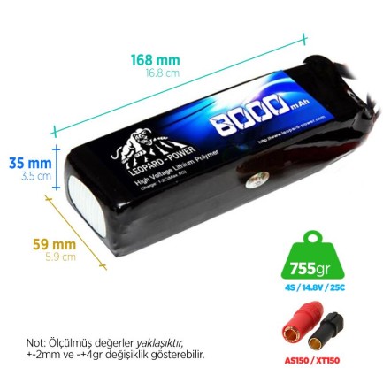 Leopard Power - Leopard Power 8000 mAh 14.8V 4S 25C UAV/Multirotor/Drone Şarjlı Li-Po Lityum Polimer Lipo Batarya Pil