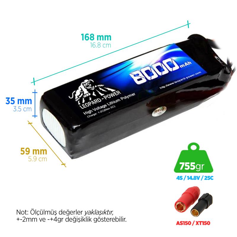 Leopard Power 8000 mAh 14.8V 4S 25C UAV/Multirotor/Drone Şarjlı Li-Po Lityum Polimer Lipo Batarya Pil