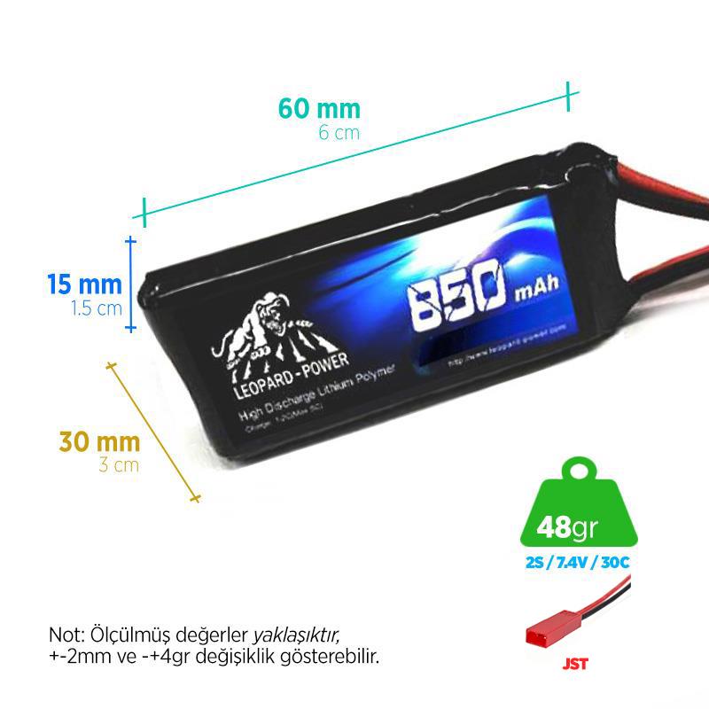 Leopard Power 850 mAh 7.4V 2S 30C Lityum Polimer Lipo Batarya Pil JST Plug