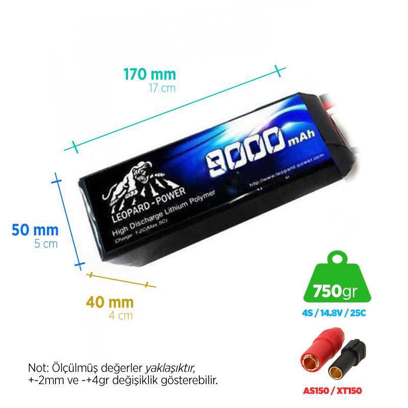 Leopard Power 9000 mAh 14.8V 4S 25C UAV/Multikopter/Drone Şarjlı Li-Po Lityum Polimer Lipo Batarya Pil