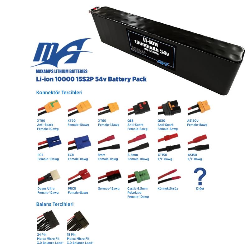 MaxAmps 10000 mAh 15S 2P 54v Lityum İon Li-İon Batarya Pil