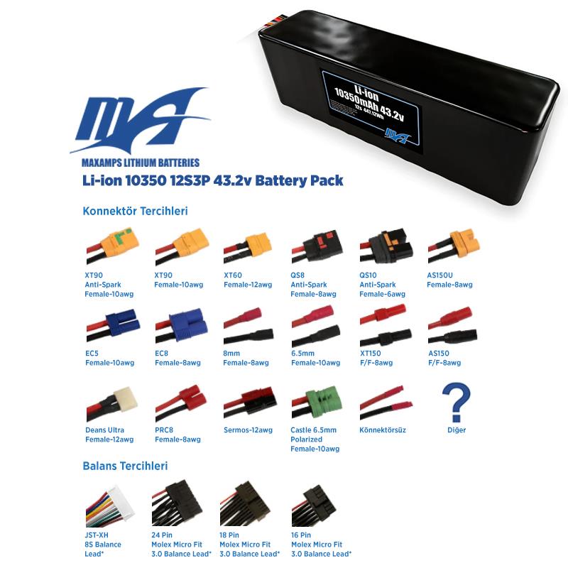 MaxAmps 10350 mAh 12S 3P 43.2v Lityum İon Li-İon Batarya Pil