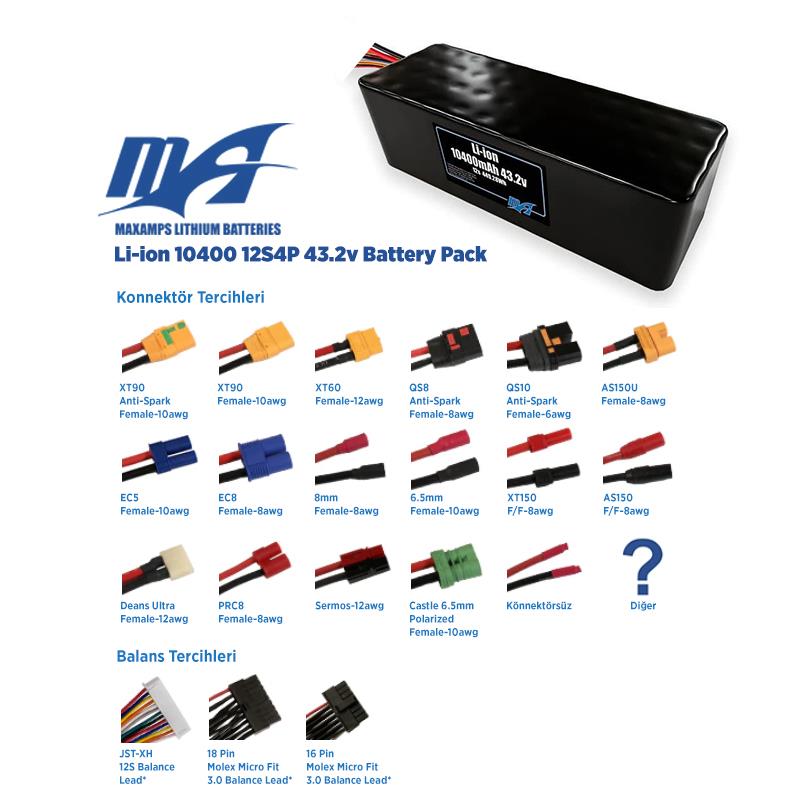 MaxAmps 10400 mAh 12S 4P 43.2v Lityum İon Li-İon Batarya Pil