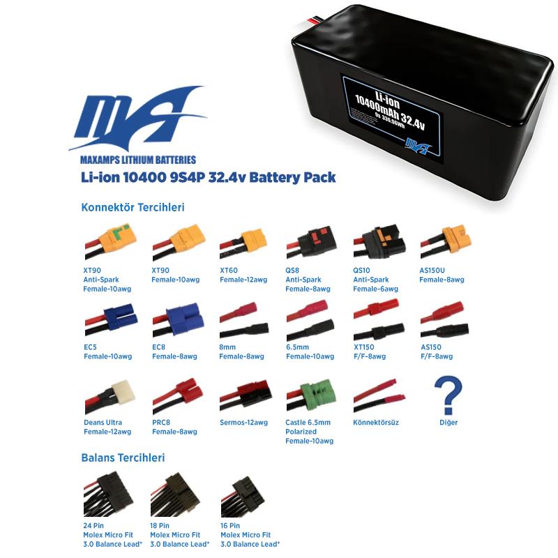 MaxAmps 10400 mAh 9S 4P 32.4v Lityum İon Li-İon Batarya Pil