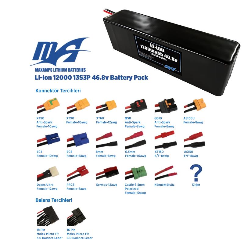 MaxAmps 12000 mAh 13S 3P 46.8v Lityum İon Li-İon Batarya Pil