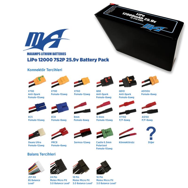 MaxAmps 12000 mAh 7S 2P 45C 25.9v Lityum Polimer LiPo Batarya Pil