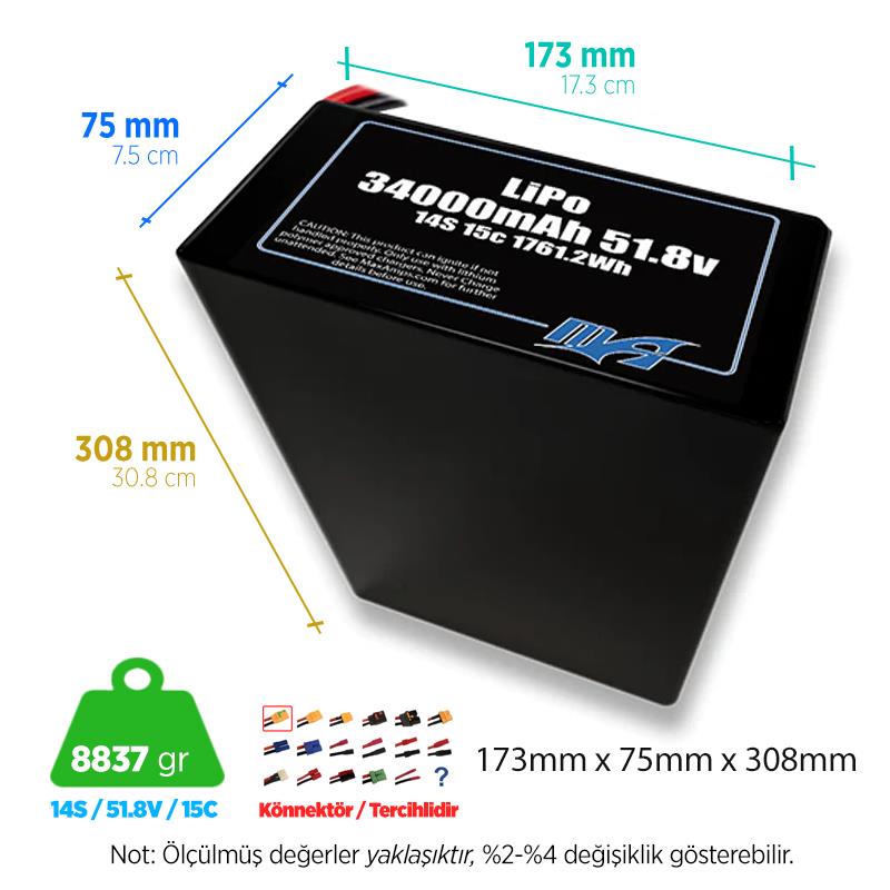 MaxAmps 34000 mAh 14S 2P 15C 51.8v Lityum Polimer LiPo Batarya Pil