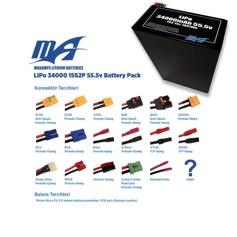 MaxAmps 34000 mAh 15S 2P 15C 55.5v Lityum Polimer LiPo Batarya Pil
