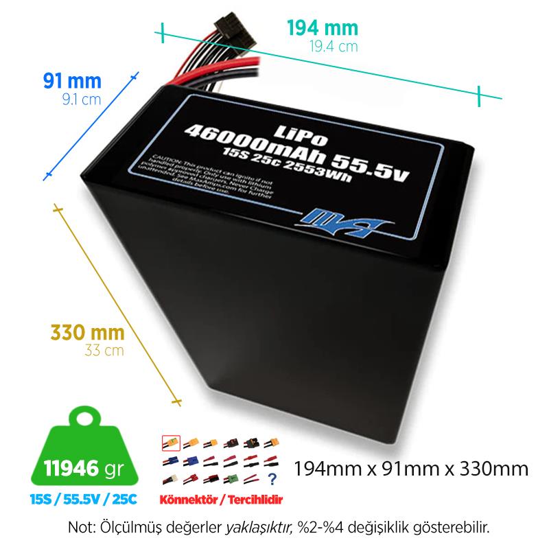 MaxAmps 46000 mAh 15S 2P 25C 55.5v Lityum Polimer LiPo Batarya Pil