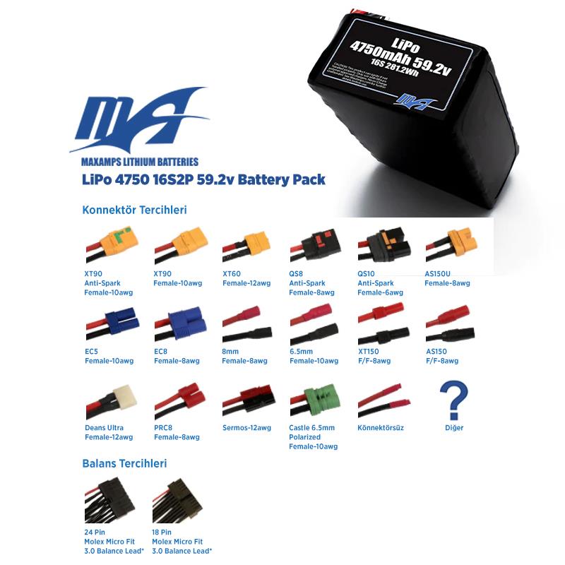 MaxAmps 4750 mAh 16S 2P 45C 59.2v Lityum Polimer LiPo Batarya Pil