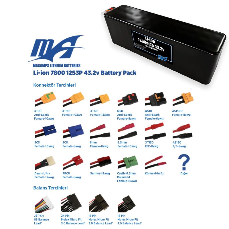 MaxAmps 7800 mAh 12S 3P 43.2v Lityum İon Li-İon Batarya Pil
