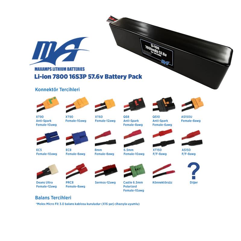 MaxAmps 7800 mAh 16S 3P 57.6v Lityum İon Li-İon Batarya Pil