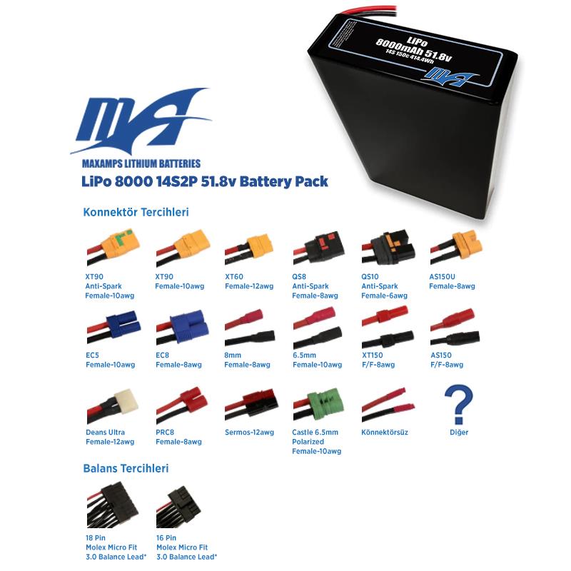 MaxAmps 8000 mAh 14S 2P 150C 51.8v Lityum Polimer LiPo Batarya Pil