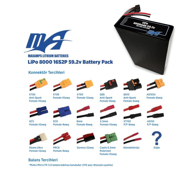 MaxAmps 8000 mAh 16S 2P 150C 59.2v Lityum Polimer LiPo Batarya Pil