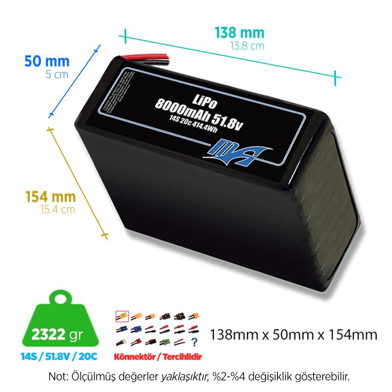 MaxAmps 8000 mAh Lite 14S 20C 51.8v Lityum Polimer LiPo Batarya Pil