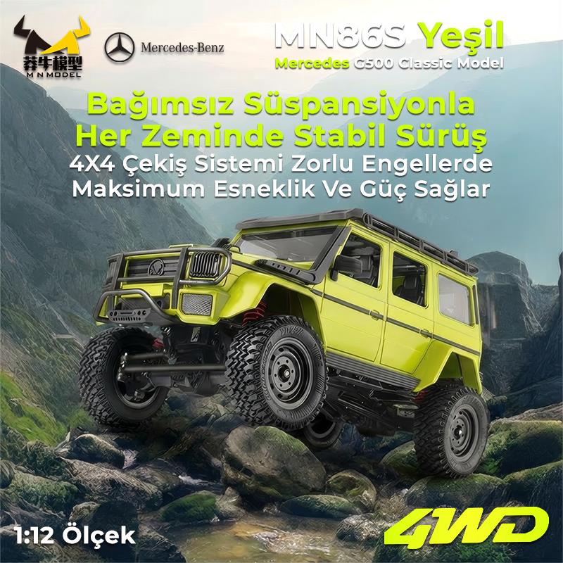 MN Model MN86S 1/12 G-Wagon Mercedes G500 4WD RC Model Rock Crawler Offroad Uzaktan Kumandalı Araba Truck RTR Yeşil+Dahili Işık Seti MN-86S